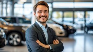 Smiling man in suit posing near cars in showroom confident 69531337 300x168